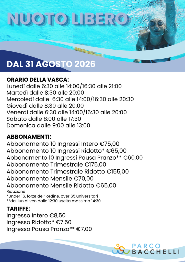 Stagione 2026/27: Aperte le iscrizioni! orari nuoto libero 2026 27 bacchelli